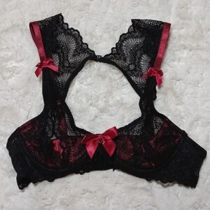 New Lovehoney lingerie red satin & black lace sexy bra sz medium